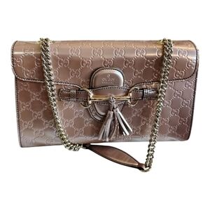 GUCCI Guccissima  Horsebit Tassel Iridescent Pink Leather Bag EMILY